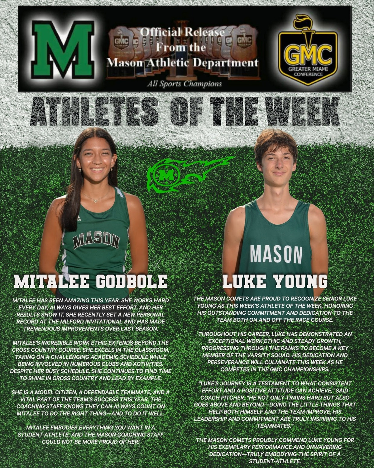 Mason High School junior Mitalee Godbole and senior Luke Young have been recognized as this week’s Athletes of the Week!